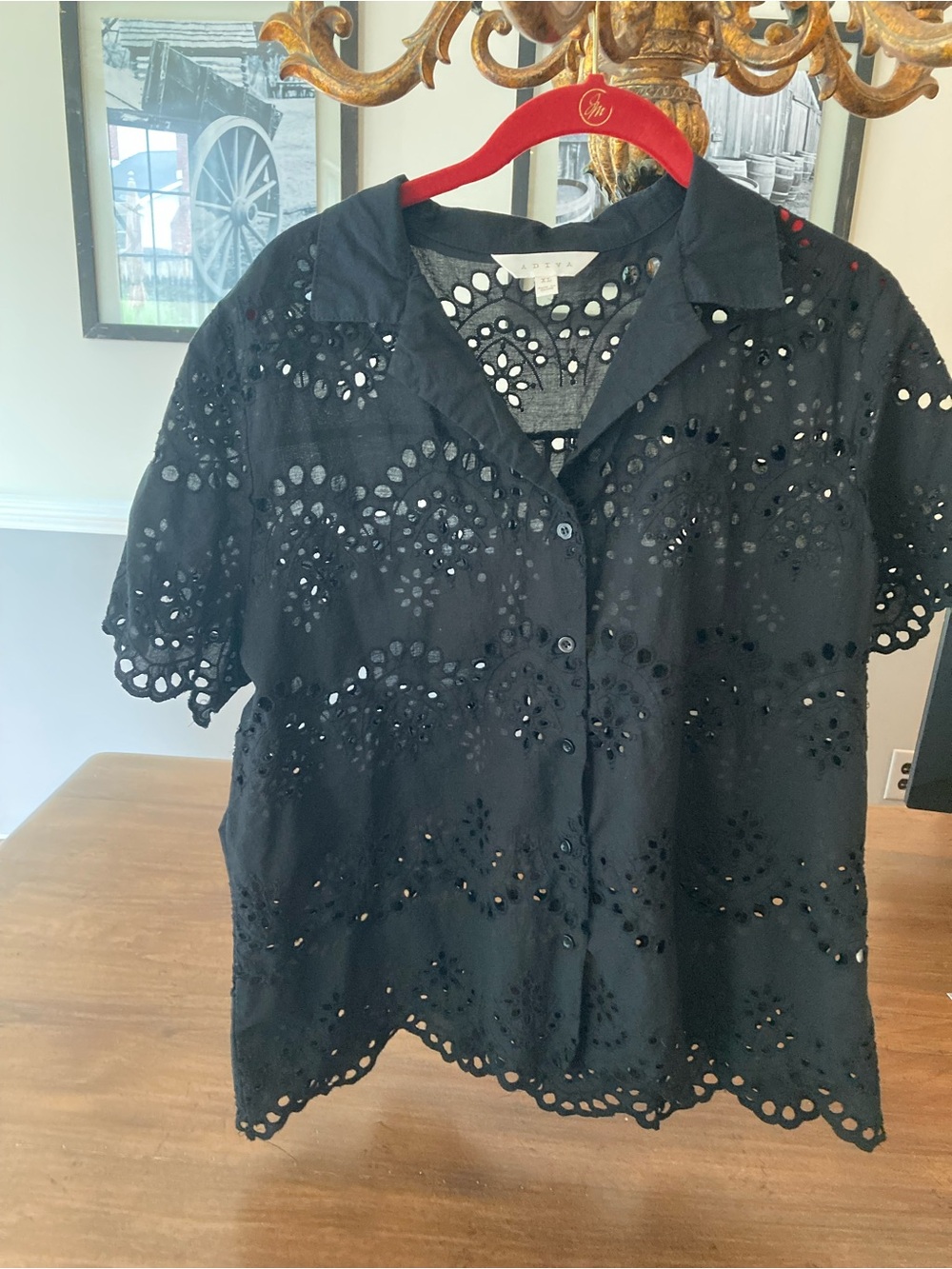 Adiva Black Eyelet Button-Front Short Sleeve Blouse